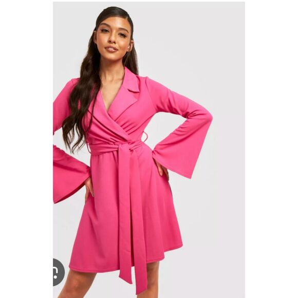 Boohoo Flare Sleeve Blazer Skater Dress in Hot Pink Size 6 NWT! - Picture 1 of 5
